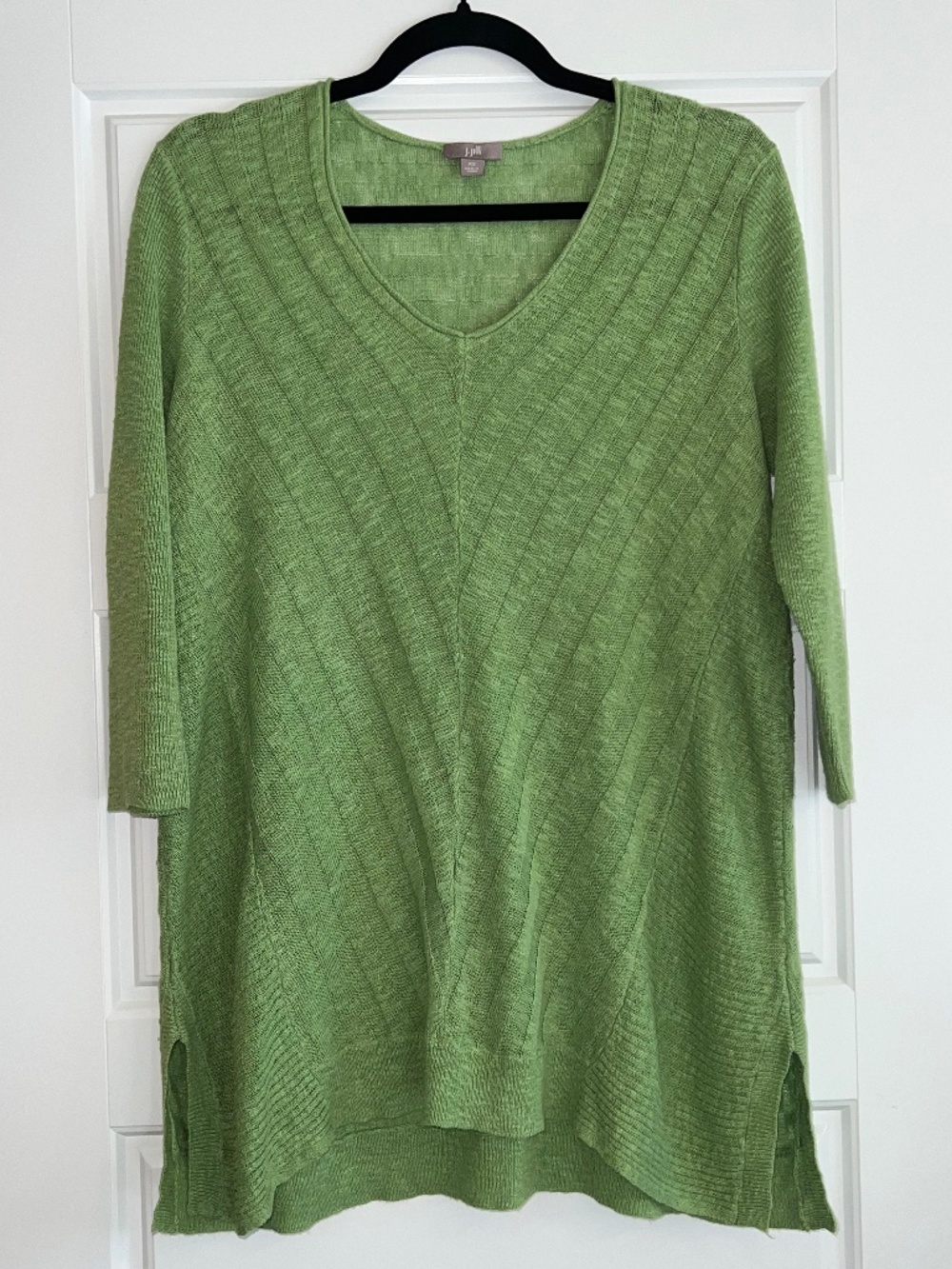 J. Jill Green Chevron Ribbed V-Neck Sweater Top Blend 3/4 Sleeve Size XS
